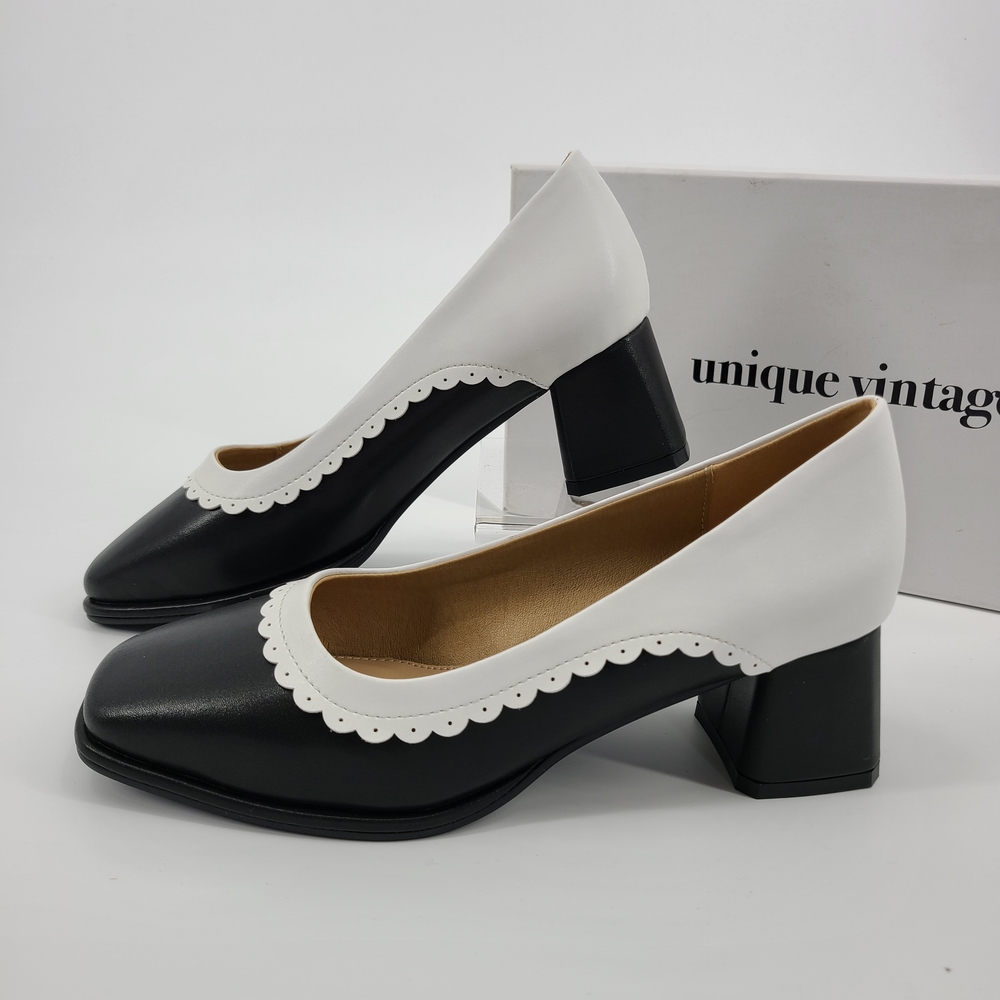 Unique Vintage Black and White Block Heels Size 6